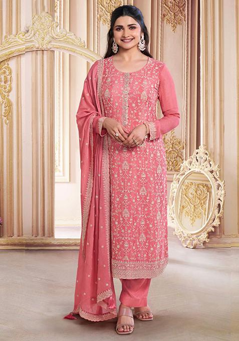 Peach Embroidered Silk Kurta Set