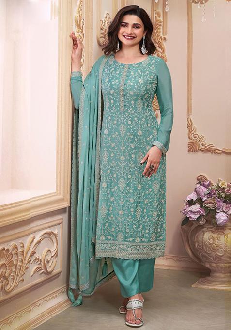 Light Blue Embroidered Silk Kurta Set