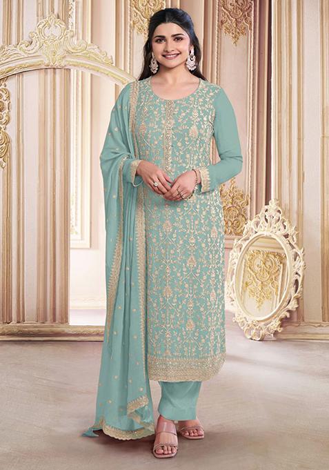 Light Blue Embroidered Silk Kurta Set