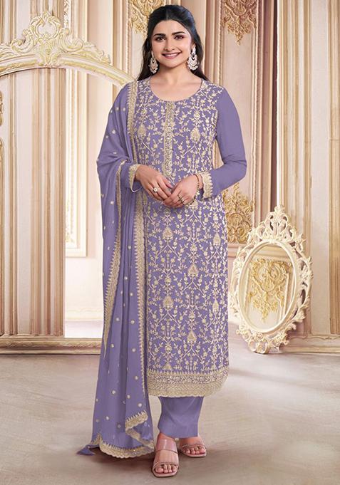 Lavender Embroidered Silk Kurta Set