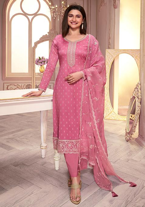 Pink Woven Thread Embroidered Silk Kurta Set