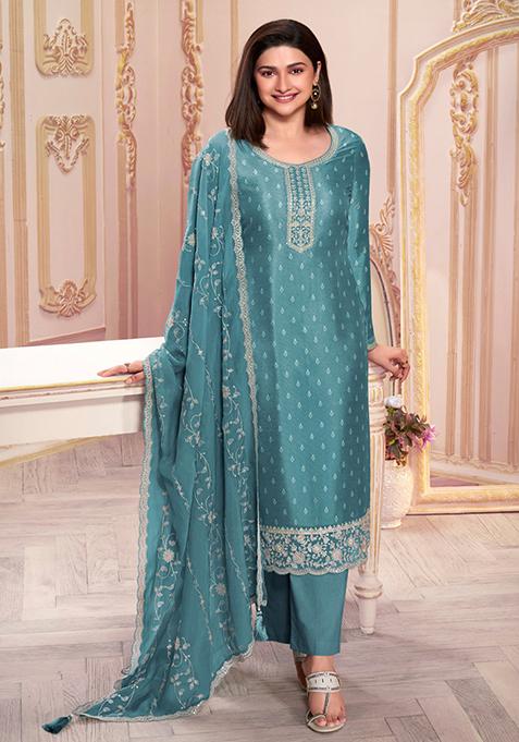 Blue Woven Thread Embroidered Silk Kurta Set