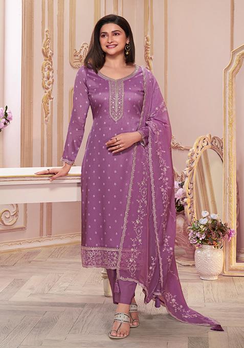 Lavender Woven Thread Embroidered Silk Kurta Set