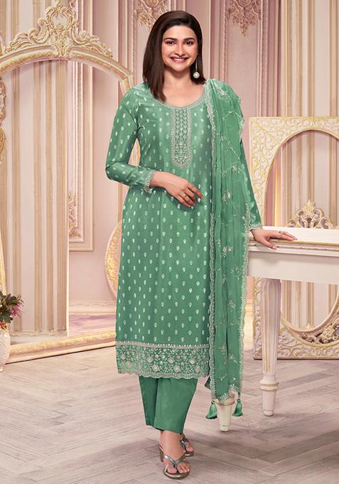 Pista Green Woven Thread Embroidered Silk Kurta Set