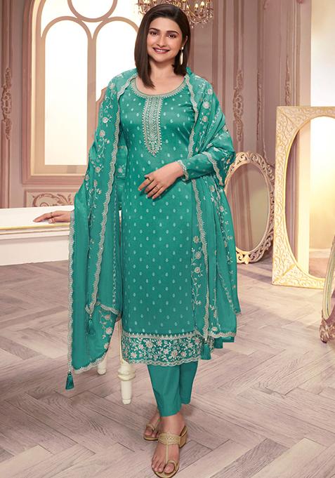 Sky Blue Woven Thread Embroidered Silk Kurta Set