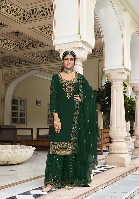 Green Embroidered Georgette Kurta Set