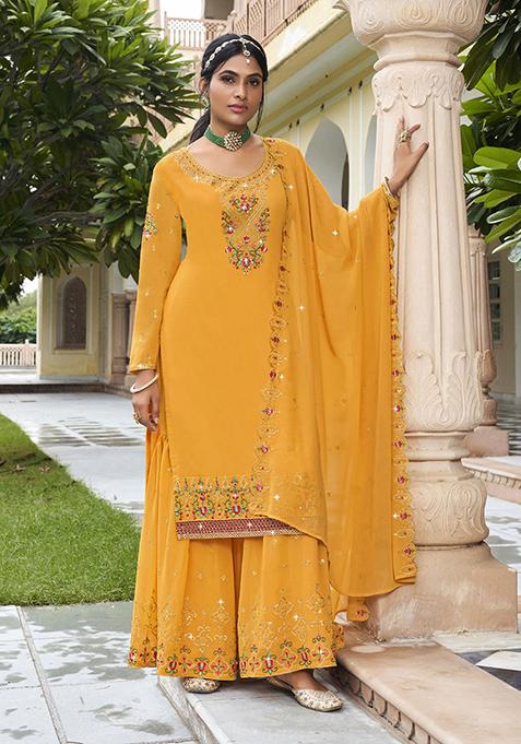 Yellow Embroidered Georgette Kurta Set