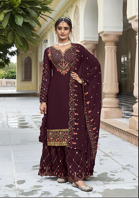 Wine Embroidered Georgette Kurta Set