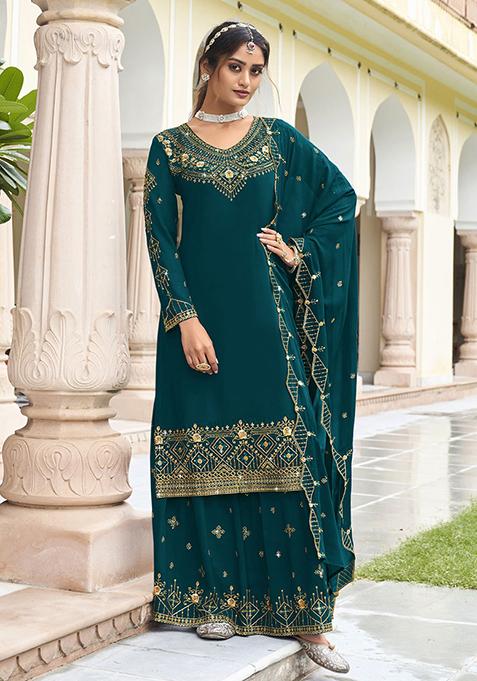 Teal Embroidered Georgette Kurta Set