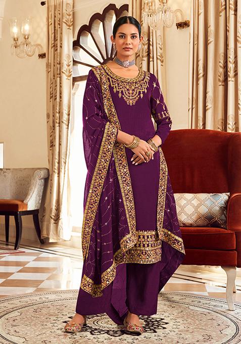 Purple Embroidered Vichitra Kurta Set