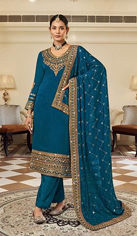 Teal Embroidered Vichitra Kurta Set