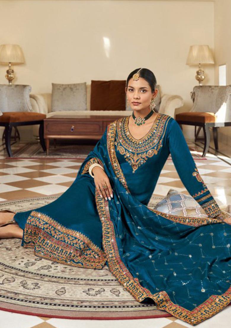 Teal Embroidered Vichitra Kurta Set