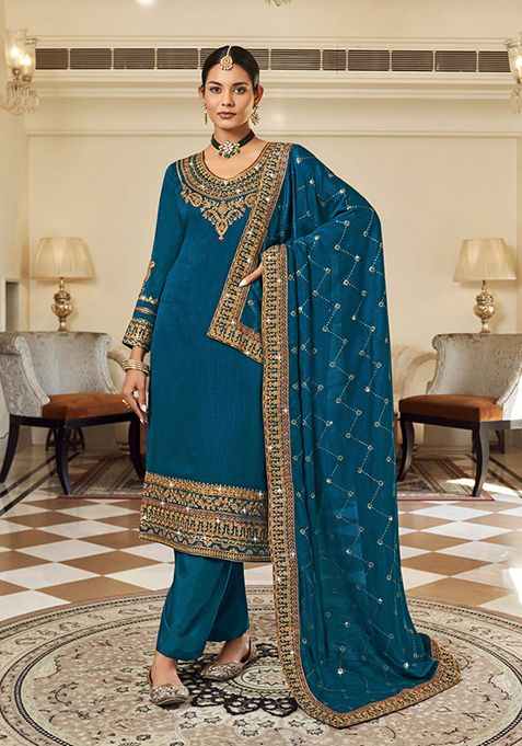 Teal Embroidered Vichitra Kurta Set