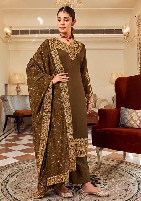 Brown Embroidered Vichitra Kurta Set