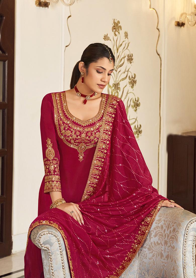 Pink Embroidered Vichitra Kurta Set