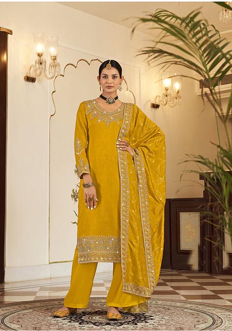 Yellow Embroidered Vichitra Kurta Set