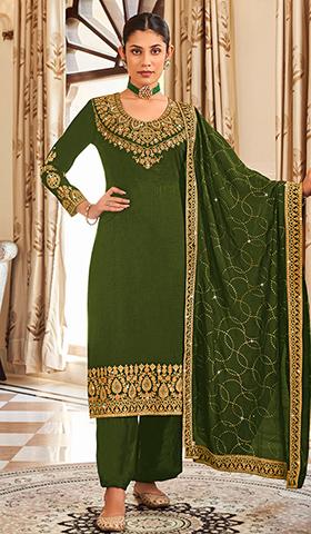 Mehendi Green Embroidered Vichitra Kurta Set