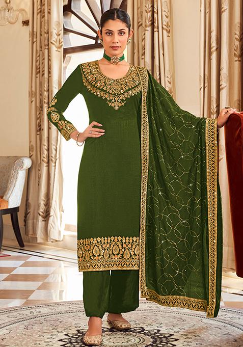 Mehendi Green Embroidered Vichitra Kurta Set