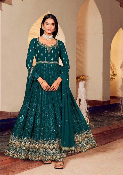 Teal Embroidered Georgette Kurta Set