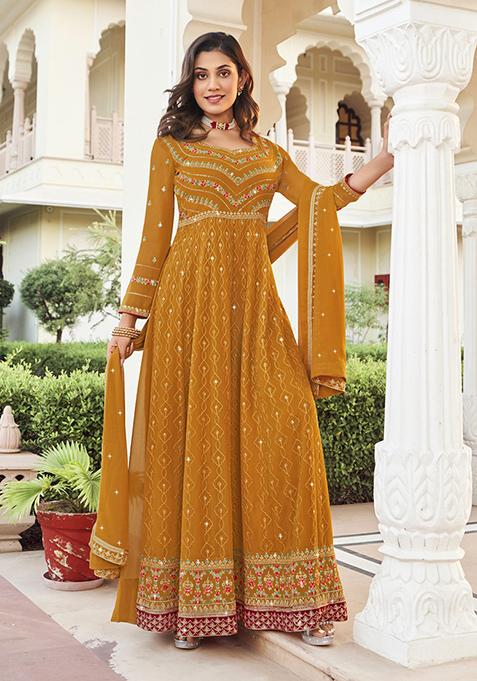 Mustard Embroidered Georgette Kurta Set