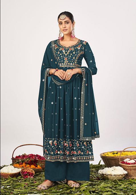 Teal Embroidered Georgette Kurta Set