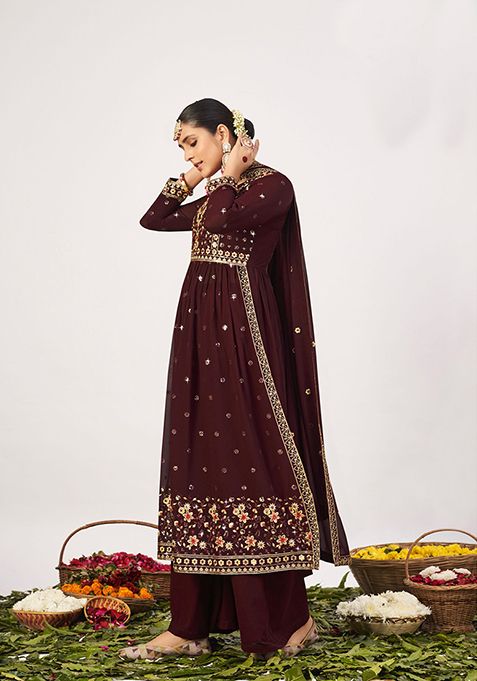 Coffee Brown Embroidered Georgette Kurta Set