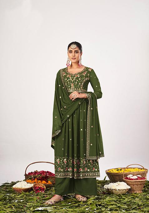 Mehendi Green Embroidered Georgette Kurta Set