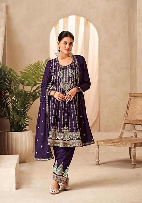 Purple Embroidered Chinon Kurta Set