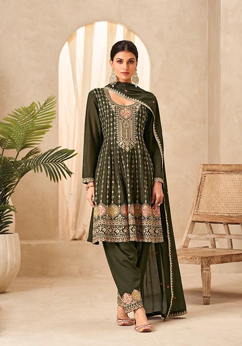 Mehendi Green Embroidered Chinon Kurta Set