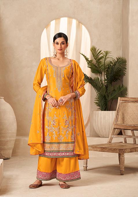 Mustard Embroidered Chinon Kurta Set