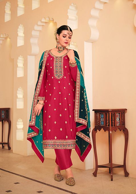 Pink And Red Embroidered Chinon Kurta Set