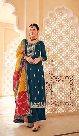 Rama Blue Embroidered Chinon Kurta Set