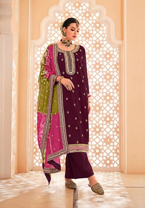 Magenta Embroidered Chinon Kurta Set