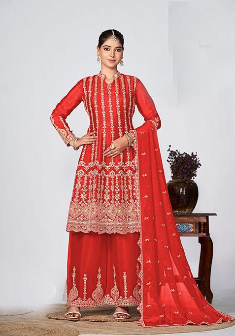 Red Embroidered Chinon Kurta Set