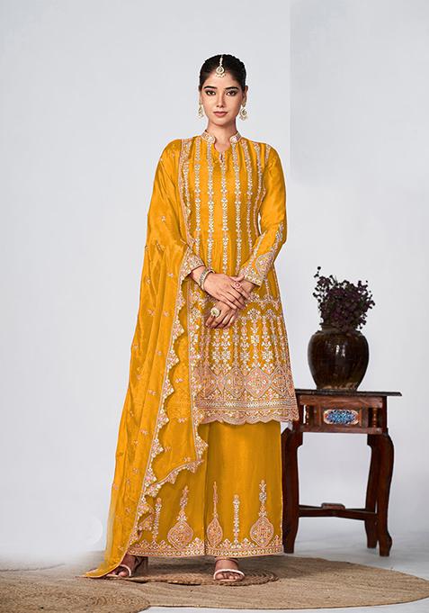 Yellow Embroidered Chinon Kurta Set