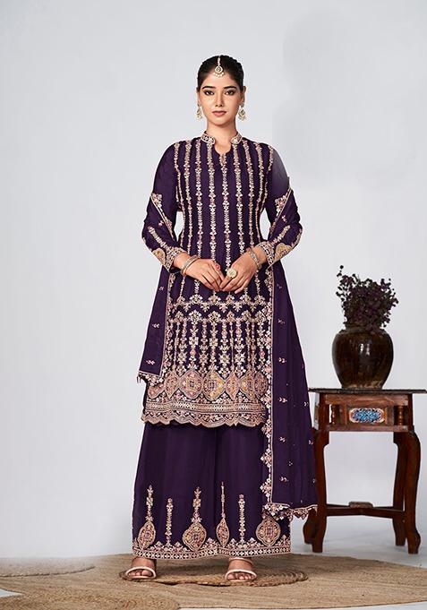 Dark Violet Embroidered Chinon Kurta Set