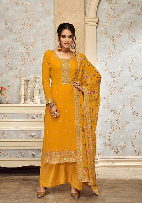 Mustard Embroidered Georgette Kurta Set