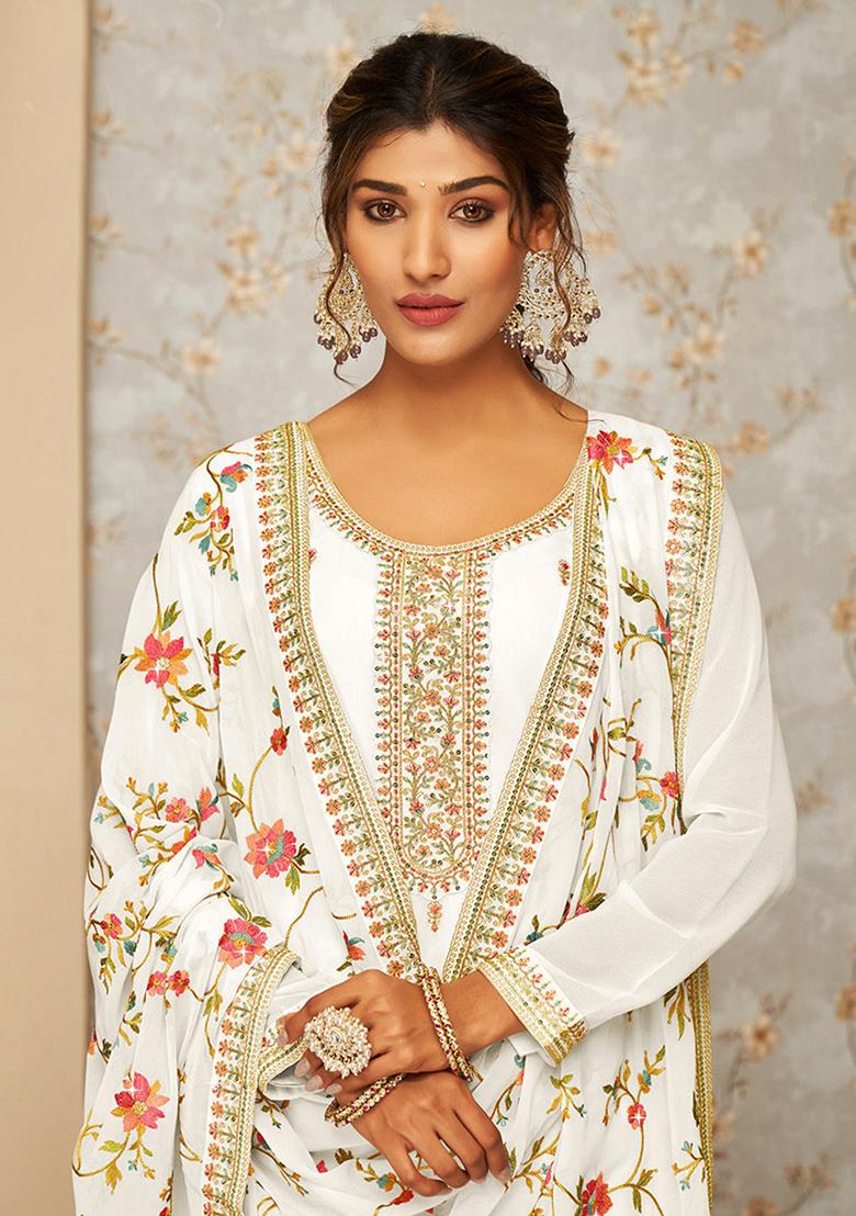 White Embroidered Georgette Kurta Set