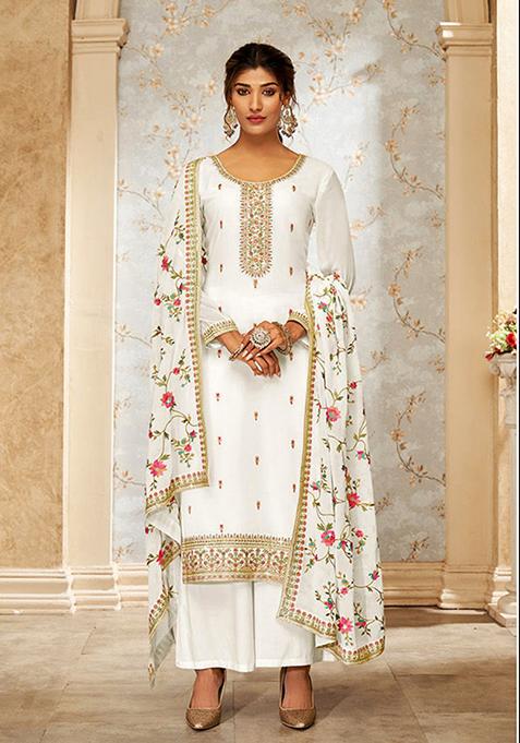 White Embroidered Georgette Kurta Set