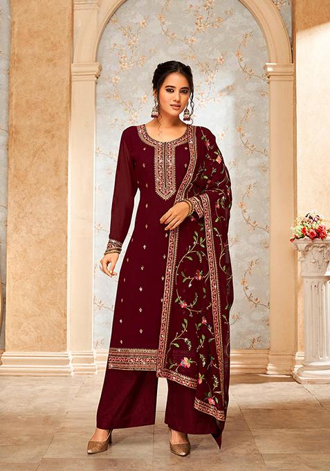 Maroon Embroidered Georgette Kurta Set