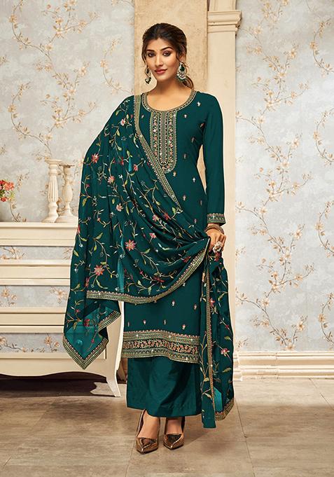 Teal Green Embroidered Georgette Kurta Set