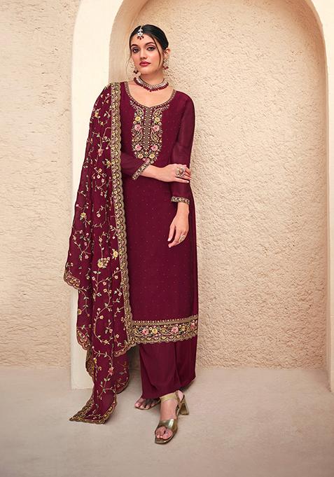 Maroon Embroidered Georgette Kurta Set