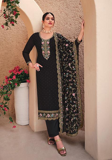 Black Embroidered Georgette Kurta Set