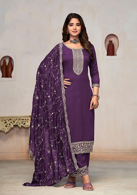 Purple Embroidered Vichitra Kurta Set