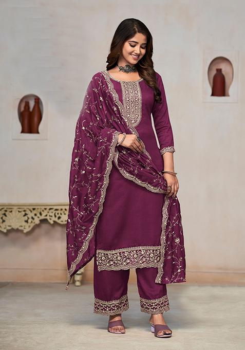 Wine Embroidered Vichitra Kurta Set