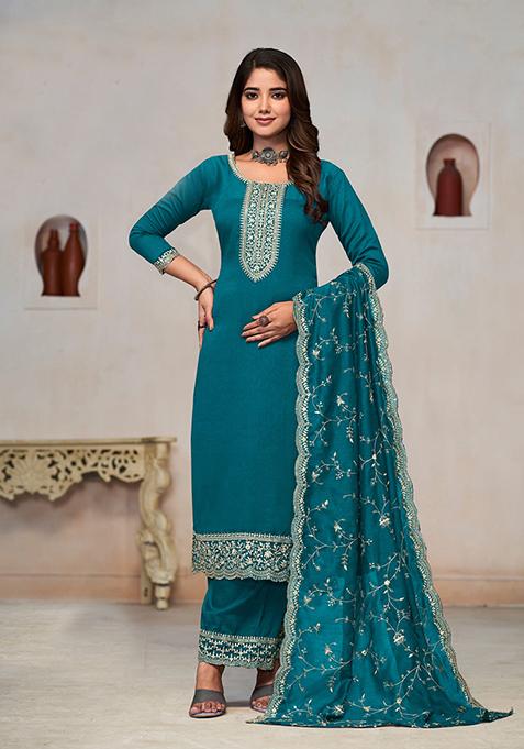 Rama Blue Embroidered Vichitra Kurta Set