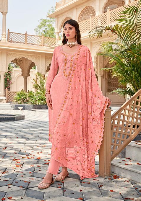 Pink Embroidered Georgette Kurta Set