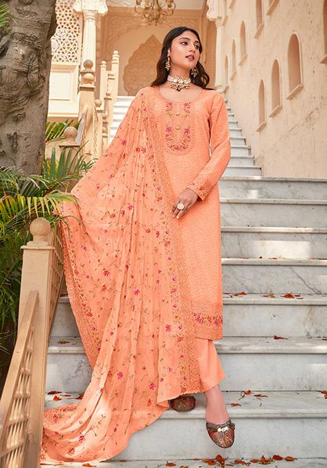 Peach Embroidered Georgette Kurta Set