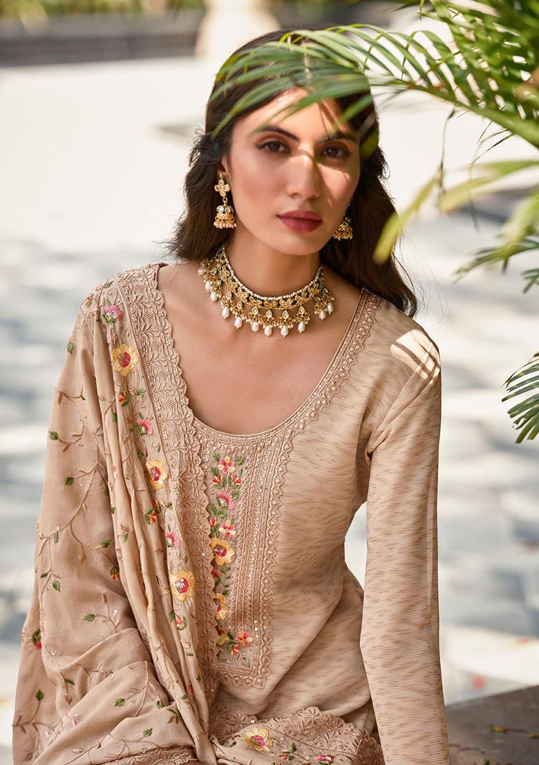 Beige Embroidered Georgette Kurta Set