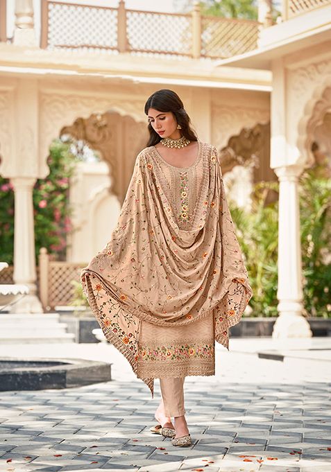 Beige Embroidered Georgette Kurta Set